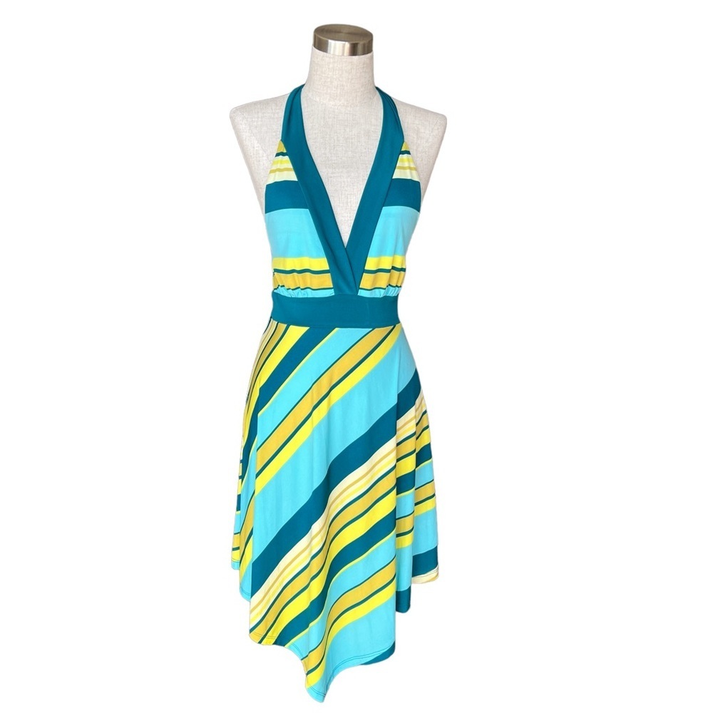 NWT Wild Fable Retro Teal Blue Striped V-Neck Dress